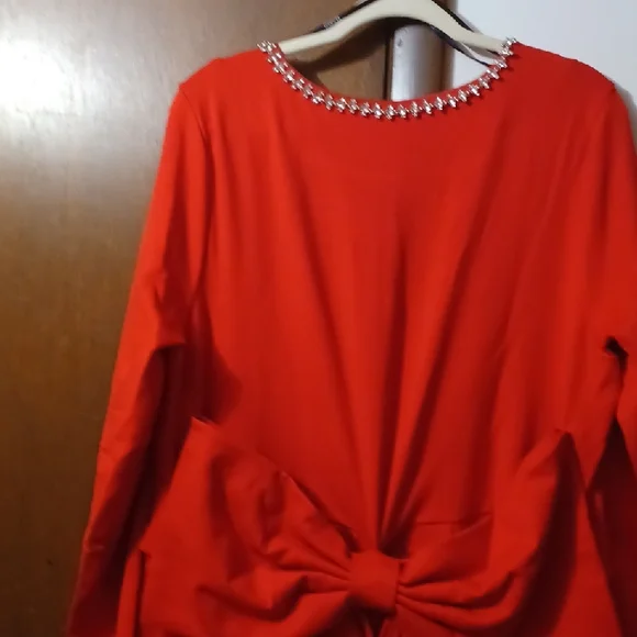 Eloquii Red Long Sleeve Dress with Embellished Neckline - Picture 8 of 10